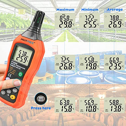 Protmex Digital Temperature Humidity Meter, Thermometer Hygrometer with Ambient Dew Point and Wet Bulb Temperature Indoor and Outdoor, Data Logger with Min/Max Hold, LCD Backlight, PT6508
