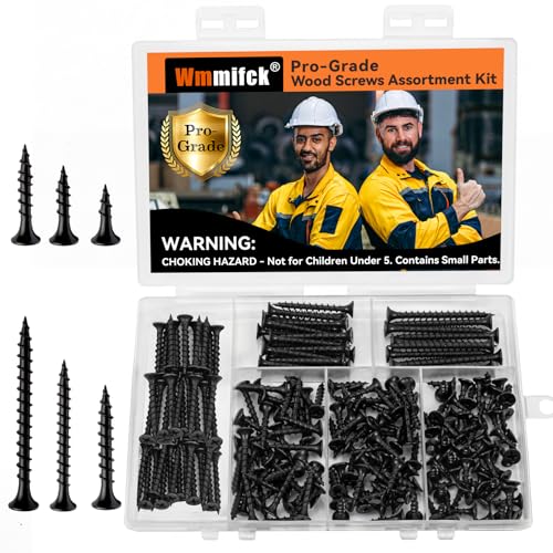 Upgraded 210 Pcs Wood Screws Assortment Kit, #6#8 High Hardness Phillips Flat Head Drywall Screws, Black Wood Screws, 6 Sizes (2”, 1-1/2”, 1-1/4”, 1”, 3/4”, 1/2”)