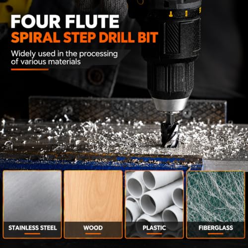 THINKWORK 10Pcs Step Drill Bit & Countersink Set, HSS Four Spiral Flute - size: 1/8"-1-3/8" (10Pcs)