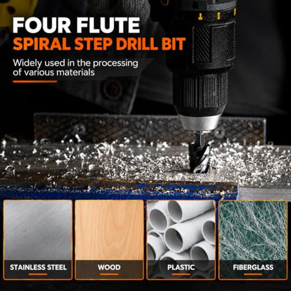 THINKWORK 10Pcs Step Drill Bit & Countersink Set, HSS Four Spiral Flute - size: 1/8"-1-3/8" (10Pcs)