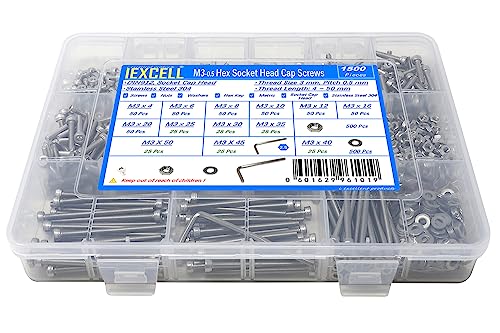 iexcell 1500 Pcs M3 x 4/6/8/10/12/16/20/25/30/35/40/45/50 Stainless Steel 304 Hex Socket Head Cap Screws Blots Nuts Washers Assortment Kit - size: M3 x 4/6/8/10/12/16/20/25/30/35/40/45/50mm