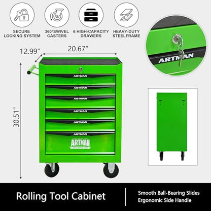 6-Drawer Rolling Tool Chest, Lockable for Garage,Green - color: Green, size: 6-Drawers