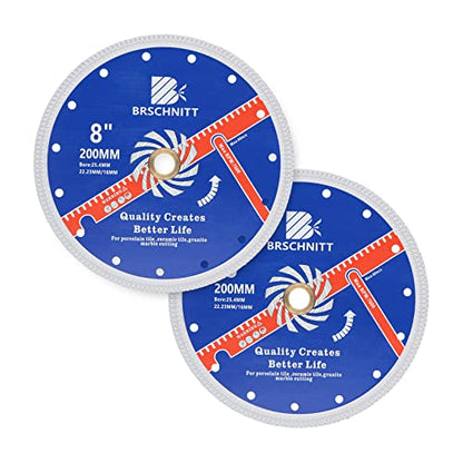Super Thin Diamond Porcelain Saw Blade with X Teeth,BRSCHNITT 2pcs 8 Inch (200mm) x Arbor 1"-7/8"-5/8" Angle Grinder Diamond Cutting Disc for Dry/Wet Cutting Porcelain Tile Ceramic Marble Granite - size: 200mm(8")