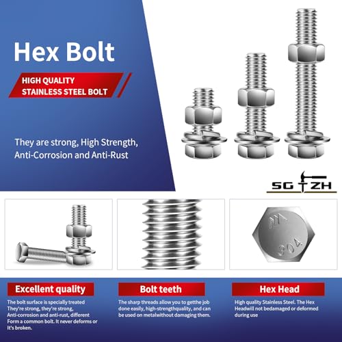 1/2-13 x 5 Hex Head Screw Bolt, Nuts, Flat & Lock Washers, 20Pcs 18-8 (304) Stainless Steel, Fully Threaded, by SG TZH - size: 1/2-13 x 5"