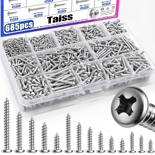 Taiss 685PCS M2 M3 M4 Phillips Pan Head Self Tapping Wood Screws Assortment Kit,14 Sizes Self Tapping Screws for Plastic,Cross Recessed Sheet Metal Screws for Wood,Plastic(Silver) - size: 684PCS