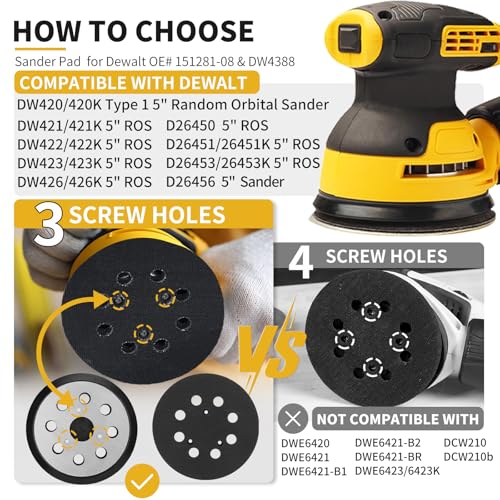 5 Inch 8 Holes Hook Loop Orbital Sander Metal Pad Replacement for DeWalt DW420 DW421 DW422 DW423 DW426 D26451 D26453 with 4 PCS Foam & 36 PCS Sanding Discs 100 150 180 240 320 400 Grits - size: FIT DW4388 & 151281-08