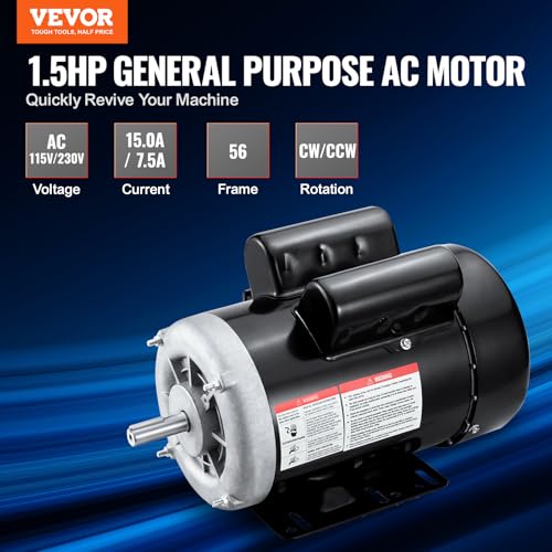 VEVOR 1.5HP Electric Motor 3450 RPM, AC 115V/230V, 56 Frame, Air Compressor Motor Single Phase, 5/8" Keyed Shaft, CW/CCW Rotation for Agricultural Machinery and General Equipment - size: 1.5P-5/8" Shaft