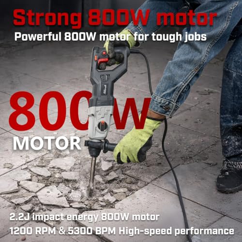 XtremepowerUS 800W SDS-Plus Electric Rotary Hammer Drill Demolition Chiseling & Drilling Bits Set 4 Functions Corded Variable Speed for Concrete, Includes 3 Drill Bits, 2 Chisels, Case - size: 800W