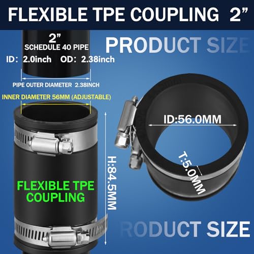 2 Pcs 2 Inches Flexible TPE Coupling with Stainless Steel Clamps - size: 2 Inches