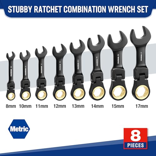 WORKPRO 8-Piece Stubby Flex-Head Ratcheting Wrench Set, Metric 8-17mm - size: Metric, style: Black electroplating coating