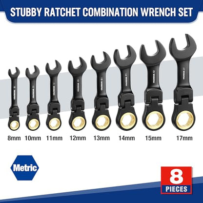 WORKPRO 8-Piece Stubby Flex-Head Ratcheting Wrench Set, Metric 8-17mm - size: Metric, style: Black electroplating coating