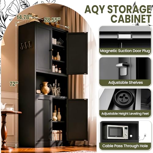 AQY Metal Pantry Cabinet, 72" Black Kitchen Storage Cabinet with Doors - color: Black, style: H72" - 4 Doors Wire Hole Hooks & Vents
