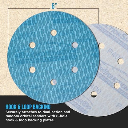 ProductionShop Premium 400 Grit 6" Rhombus Diamond Shape Blue Sanding Discs, 6-Hole, Box of 50 - Hook & Loop Anti-Clogging J-Cloth Dustless Sandpaper for Random Orbital Sanders, Sand Auto Paint, Wood - style: 400 Grit