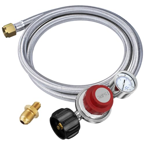 0-30PSI Adjustable Propane Regulator with Stainless Steel Braided Hose, 5FT - size: 60 Inch