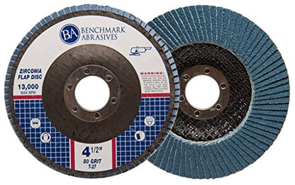 Benchmark Abrasives 4.5" Premium Zirconia Type 27 Flap Discs Grinding Wheels for Sanding Stock Rust Removal Finishing Grinding Deburring Stainless Steel, 7/8" Arbor (10 Pack) - 80 Grit - style: 80 Grit