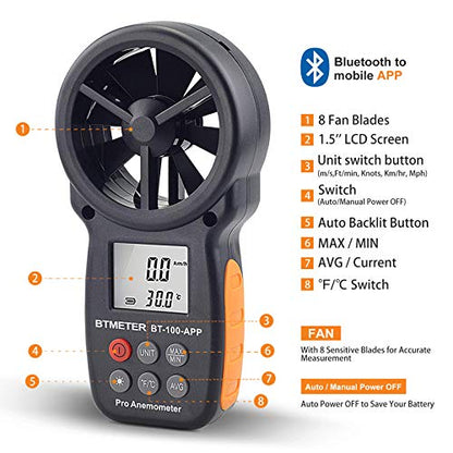 BTMETER BT-100APP Bluetooth Anemometer, Handheld Wind Speed Meter with App - color: BT-100APP Anemometer