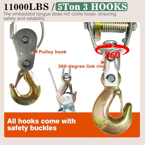 5T Come Along Winch, 11000lbs Pulling Capacity, 12ft Steel Cable - size: 5T-11000lbs-12FT-3Hook