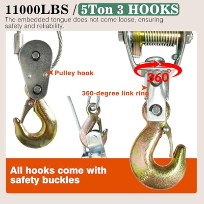 5T Come Along Winch, 11000lbs Pulling Capacity, 12ft Steel Cable - size: 5T-11000lbs-12FT-3Hook