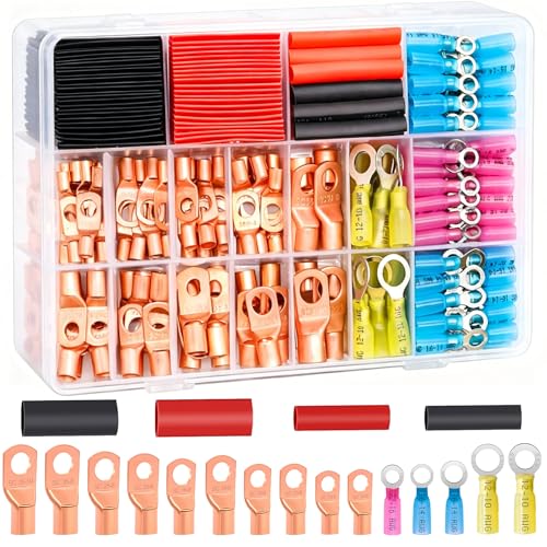 Twidec/180PCS Battery Cable Ends AWG 2 4 6 8 10 12 14 16 Gauge Copper Cable Wire Lugs,Ring Terminals Connectors,Copper Ring Terminals Connectors with Heat Shrink N-105-180PCS - color: 180PCS
