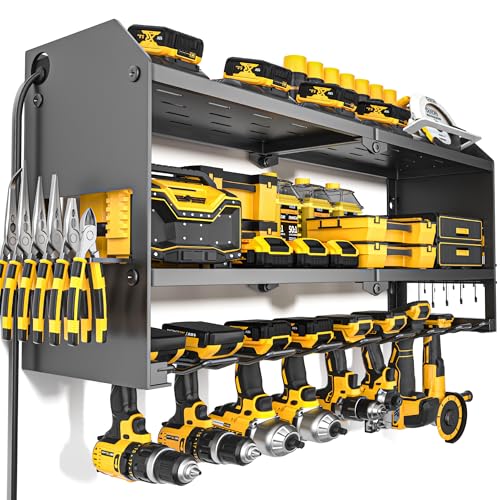 YYR Power Tool Organizer with Charging Station Wall Mount, Cordless Drill and Battery Holder for Garage Organization, Electric Tools Storage Rack Build in Surge Protection Power Strip - Black Shelf - color: Black, size: with Power Strip