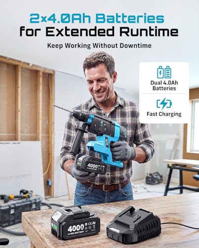 Seesii 1-Inch Cordless SDS-Plus Rotary Hammer Drill, 2.8J, Brushless Motor