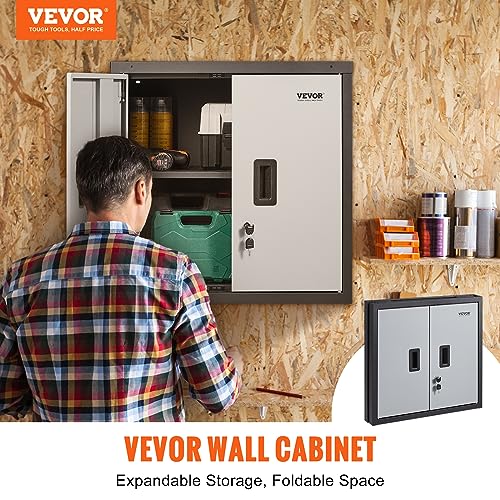 VEVOR Foldable Wall Cabinet, Metal Garage Locker Mounted 26" Small Tool Chest 240 LBS Loading Capacity Adjustable Shelf Magnetic Door File for Warehouse Office Home Black - size: Foldable 26"