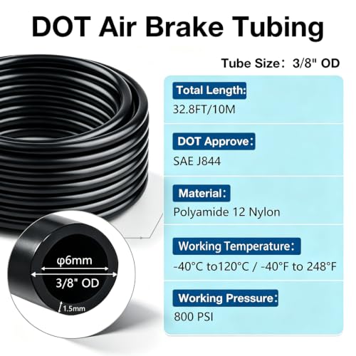 DOT Air Line Tubing, SAE J844 PA12 Nylon Air Brake Hose Pneumatic Tube - size: 3/8" OD 32.8FT