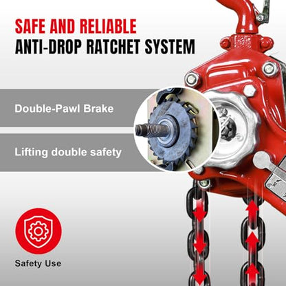 Big RED Manual Lever Chain Hoist,1-1/2 Ton 3000 lbs Capacity Come Along,G80 Grade Steel with Double-Pawl Brake,2 Heavy Duty 360° Rotation Hooks for Garage Factory Warehouse Ports Automotive Machinery - size: 1.5 Ton (3000 lbs)