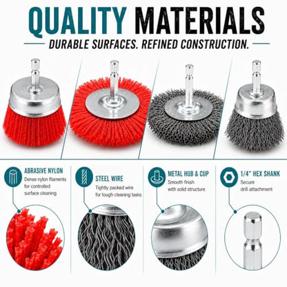9 Pack Nylon Filament Abrasive Brush Set with 3 Wire Brushes for Drill