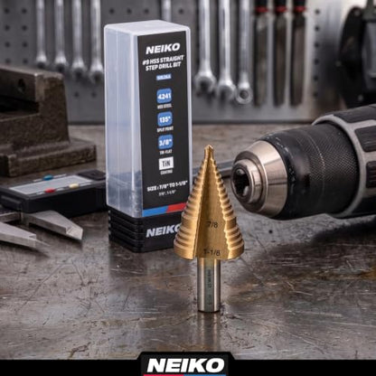 NEIKO 10626A Step Drill Bit, 2 Steps 7/8" to 1-1/8" Straight High Speed Steel, Titanium Nitride Coated, 3/8" Tri-Flat Step Bits for Steel, Metal, Wood, Plastic, Unibit Cone Drill Bits, Two Flute - size: #9 (7/8 - 1-1/8", 2S), style: Straight
