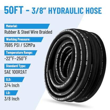 50FT 3/8" Hydraulic Hose with 16PCS Hydraulic Hose Fittings - size: 3/8" Hydraulic Hose - 50FT