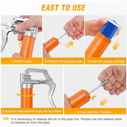 GOOACC Mini Grease Gun 6000 PSI 4oz Grease Gun Kit with 12" Flex Hose Extension Adapter Normal Coupler Rigid Pipe Small Pistol Grip Grease Guns for Automotive Farm Industrial Marine Equipment, Orange - size: Manual mini4oz Orange 7PCS