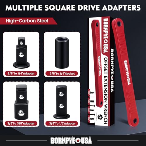 Offset Extension Wrench Set, Impact Ready Socket Wrench Extender Tool with Versatile 1/4", 3/8", and 1/2" Square Drive Adapters (Red)