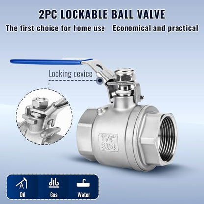 2 Pack 1-1/4" Ball Valves NPT Female Valve 304 Stainless Steel Full Port Locking Ball Valve Handle, Heavy Duty Shut Off Valve for Home and Industrial (1-1/4 Inch) - size: 1-1/4 Inch