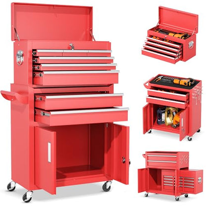INTERGREAT 8 Rolling Drawers Tool Chest, Assembled Tool Chest with Wheels, Detachable Top Tool Box, Tool Cabinet for Repair Room,Warehouse, Rolling Tool Box with Hooks,Tray Divider,Red - color: Red, size: 8 Drawers