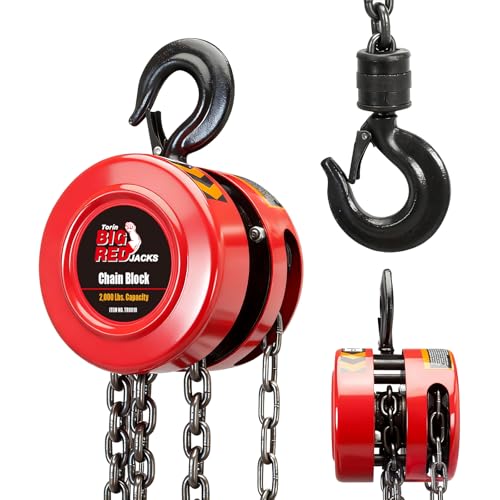BIG RED 1 Ton Hand Chain Hoist, 2000 Lbs Capacity,10 ft Lift, Manual Chain Block with Safety Hooks for Warehouse, Automotive, Industrial Use