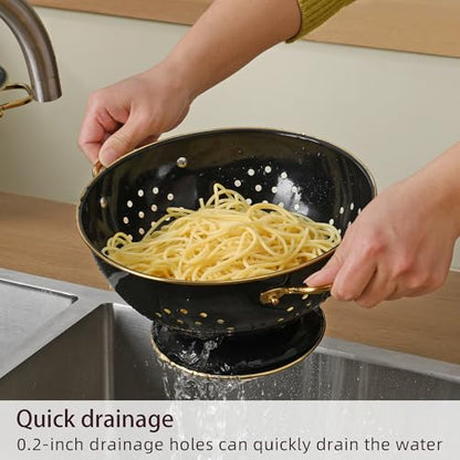 Metal Colander 2 Pack, 3.5 Quart Powder Coated Self-draining Solid Ring Base Metal Large Kitchen Pasta Vegetable Fruit Strainer with Handle (L-BLACK) - color: L-BLACK