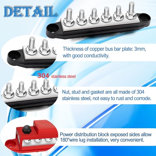 250A Bus Bar 12V Marine 1/4" Power Distribution Block Automotive Busbar Terminal Block,Battery Buss Bar (Pair, Red & Black) 6 x 1/4" Post Terminals - size: 250A 6x1/4"