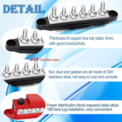 250A Bus Bar 12V Marine 1/4" Power Distribution Block Automotive Busbar Terminal Block,Battery Buss Bar (Pair, Red & Black) 6 x 1/4" Post Terminals - size: 250A 6x1/4"