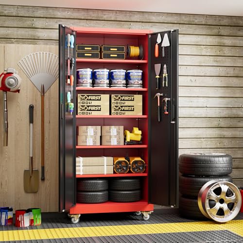 Reemoon Metal Garage Cabinet 71" H x 34" W x 18" D with Wheel,Pegboard,RB - color: Red-black, size: 18"D x 34"W x 71"H