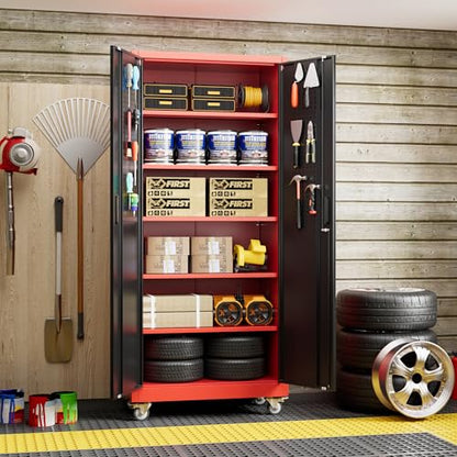 Reemoon Metal Garage Cabinet 71" H x 34" W x 18" D with Wheel,Pegboard,RB - color: Red-black, size: 18"D x 34"W x 71"H