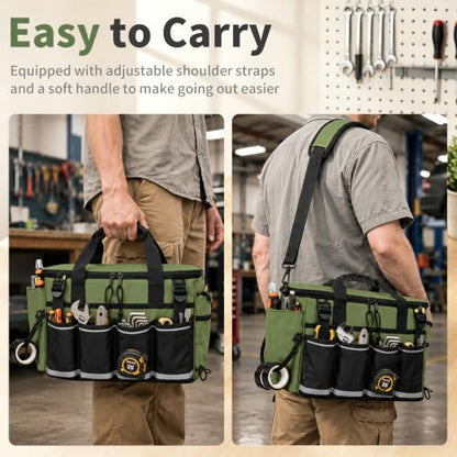 14-Inch Heavy Duty Tool Bag, 17 Pocket Tool Box Organizer - color: Green