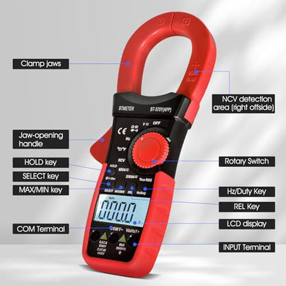 BTMETER Digital Clamp Meter Multimeter, 6000 Counts Bluetooth Multimeter, 2000A AC/DC Amp Tester, Measures Voltage, Ohms, Capacitance, Frequency, Temperature, NCV with Data Logging 570Y-APP