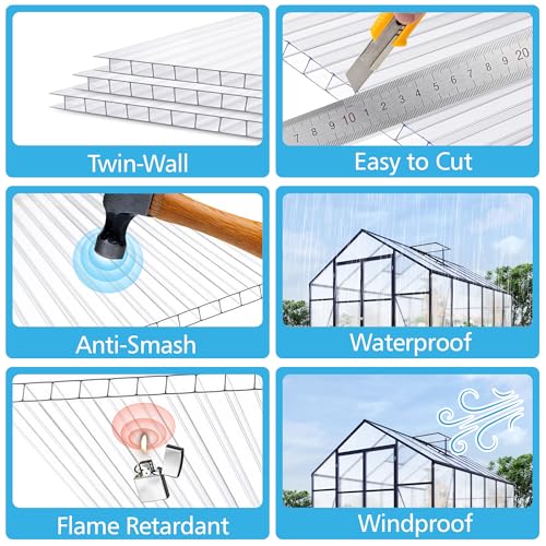 14 Pcs Polycarbonate Greenhouse Panels,4' x 2' x 0.16'' Twin-Wall Plastic roof Panels,Waterproof UV Protected Clear Corrugated Polycarbonate Sheet for All Weather Outdoor Garden Greenhouse Replacement