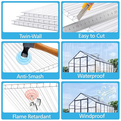 14 Pcs Polycarbonate Greenhouse Panels,4' x 2' x 0.16'' Twin-Wall Plastic roof Panels,Waterproof UV Protected Clear Corrugated Polycarbonate Sheet for All Weather Outdoor Garden Greenhouse Replacement