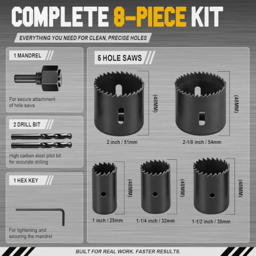 KATA 8PCS Deep Cut Hole Saw Kit 1" - 2-1/8" for Wood, PVC, Drywall, Plywood - color: 8PC-Black Deep Cut Hole Saw Kit