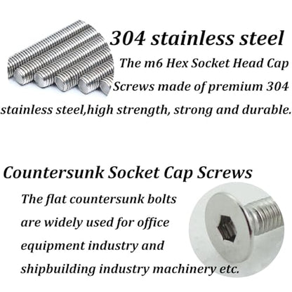 M6 x 12mm Flat Head Socket Cap Screws,Fajoeda 30Pcs M6 Countersunk Bolts 18-8 (304) Stainless Steel Hex Socket Cap Screws - size: 30PCS M6-1.0 x 12mm