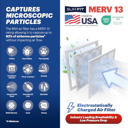 BNX TruFilter 16x20x4 (15.5’’ x 19.5’’ x 3.63‘’ Slim Fit) MERV 13 Air Filter (2-Pack) - MADE IN USA - Air Conditioner HVAC AC Furnace Filters Health, Allergies, Mold, Bacteria, Smoke, MPR 1900 FPR 10 - size: 16x20x4 2-Pack (Slim Fit)