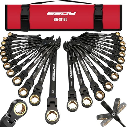 Premium 24-Piece Flex-Head Ratcheting Wrench Set, Metric(8–19mm)& SAE(1/4-7/8") Combination Wrenches, 72-Tooth CR-V Steel with Durable Black Finish, Ratchet Spanners with Roll-Up Tool Pouch for Repair - color: 24-pc Flex-head (Black Finish)