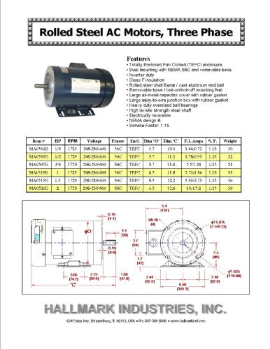 Hallmark Industries MA0503E AC Motor, 1/3hp, 1725 RPM, 3PH/60HZ, 208-230/460VAC, 56C/TEFC, with Foot, SF 1.15, Insul F, Inverter Duty - size: 1/3hp, 1725RPM, 3 phase, 230/460V